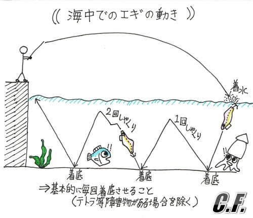 海中でのエギの動き図